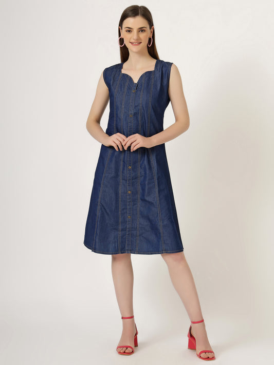 Women's Sleeveless Sweetheart Neck Denim Dress (6087)