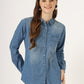 Women's Light Wash Denim Button-Down Shirt with Long Sleeves (6105)