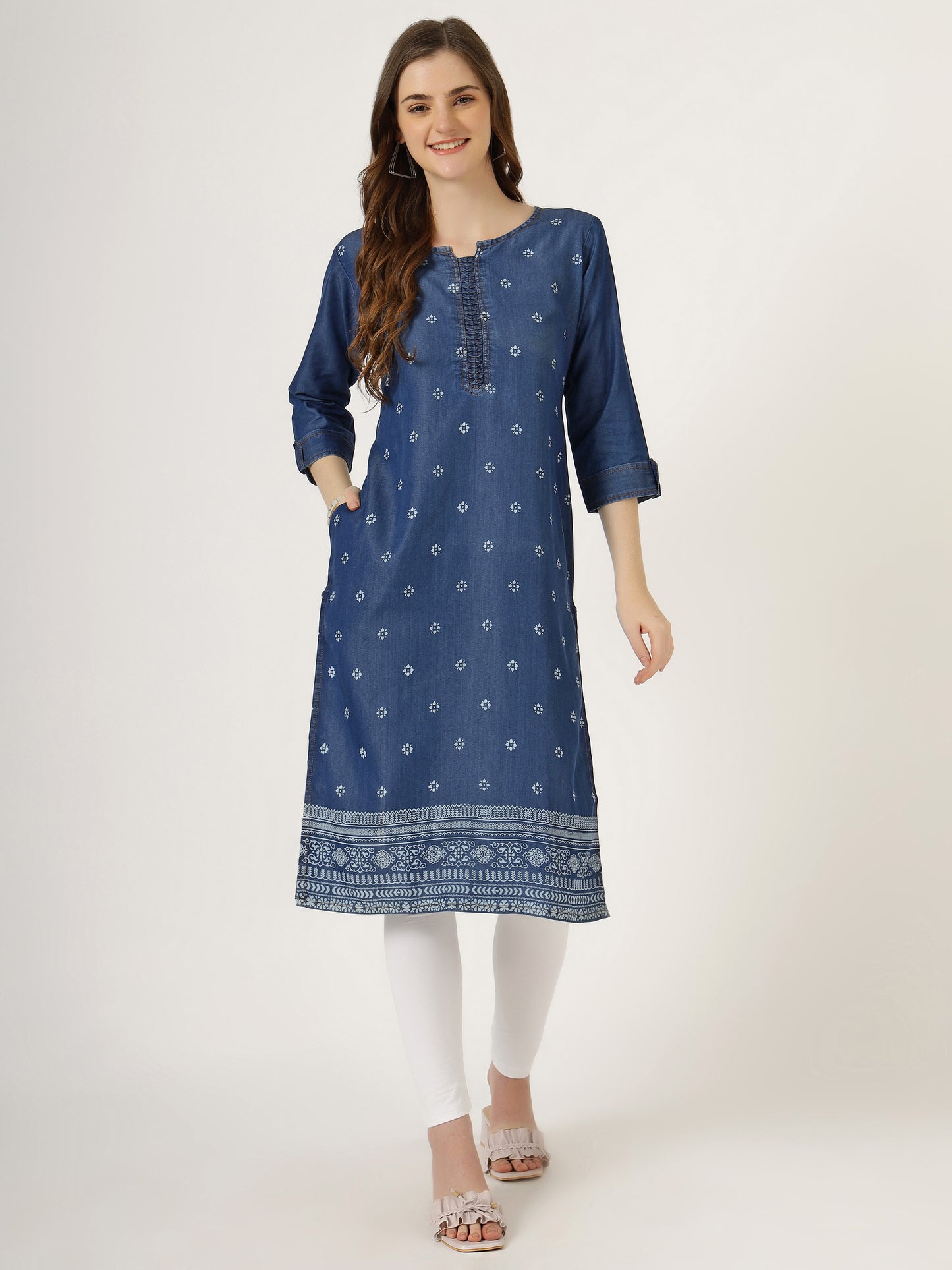 Women's Embroidered Denim Straight Kurti (6049)