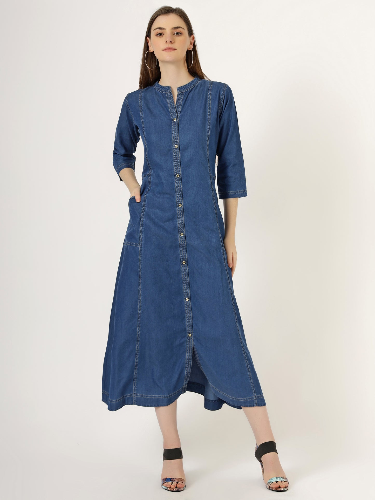 Women's 3/4 Sleeve Denim Maxi Shirt Dress (6001)