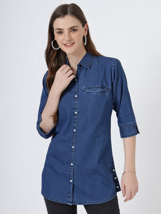 Women's Classic Button-Down Denim Shirt with 3/4 Sleeves (6099)