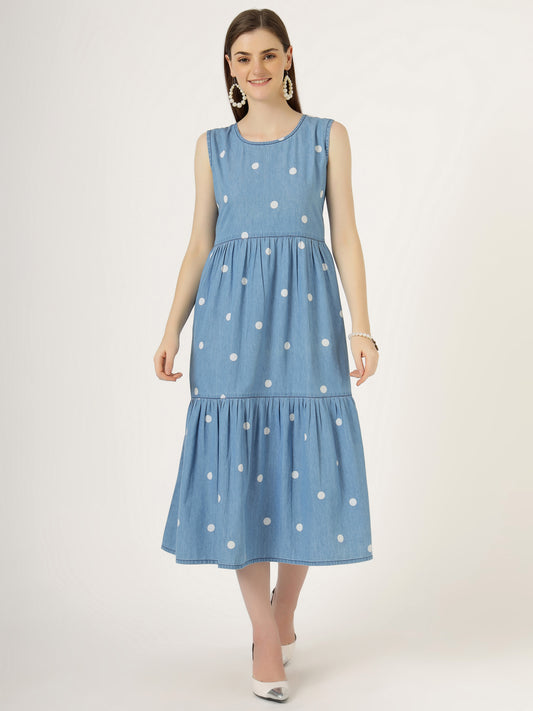 Women's Sleeveless Polka Dot Tiered Denim Midi Dress (6102)