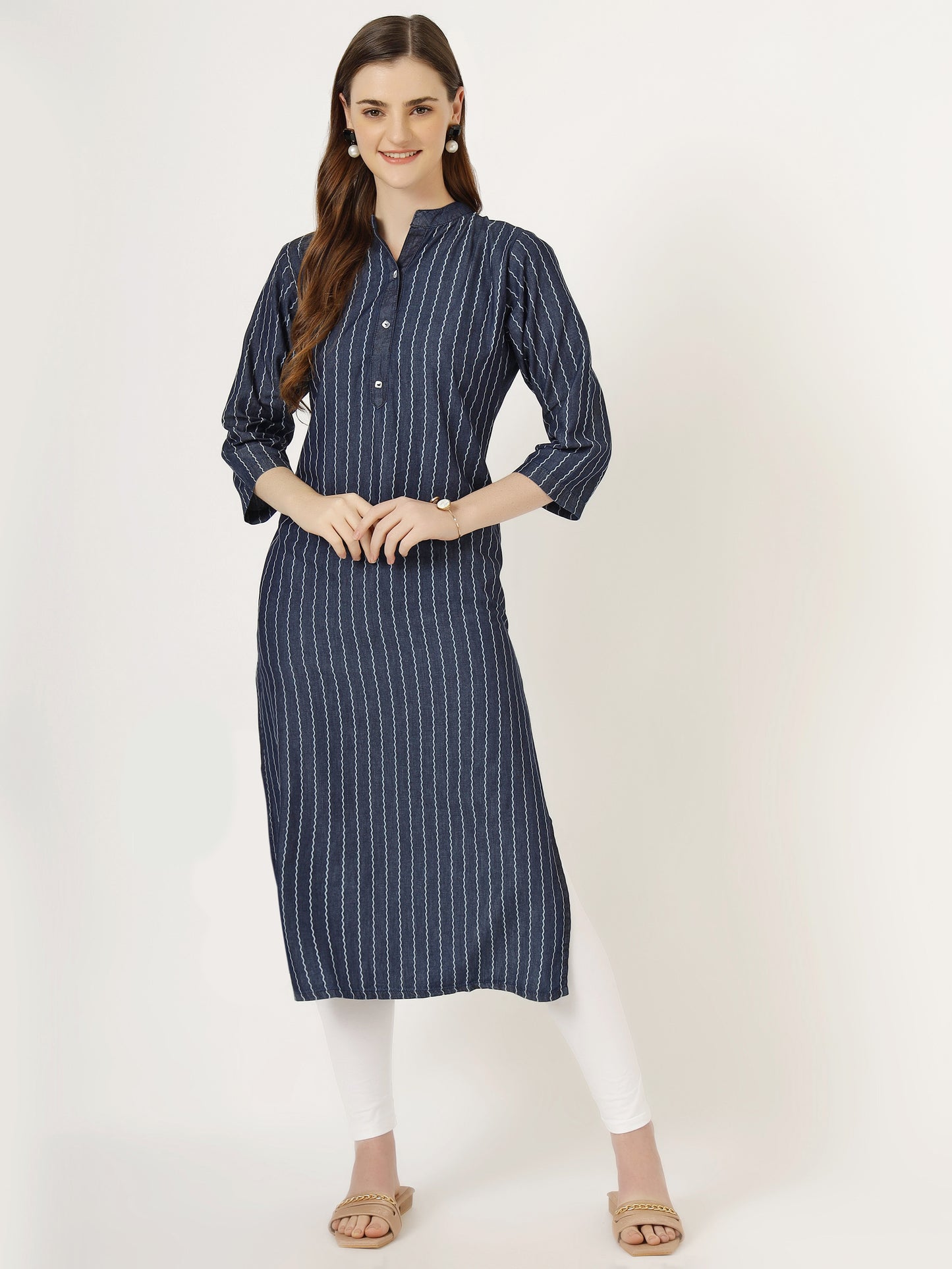 Women's Striped Denim Kurti with Mandarin Collar (6065)