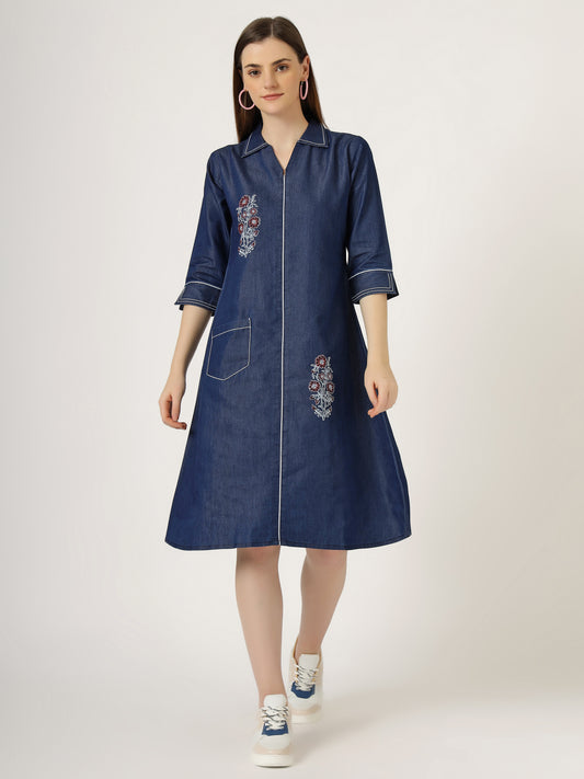 Women's Embroidered Denim A-Line Dress with 3/4 Sleeves (6097)