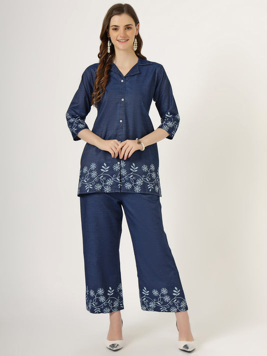 Women's Embroidered Denim Co-Ord Set with Shirt and Palazzo Pants (6106)