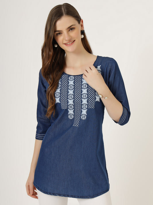 Women's Embroidered Denim Tunic Top with 3/4 Sleeves (6103)