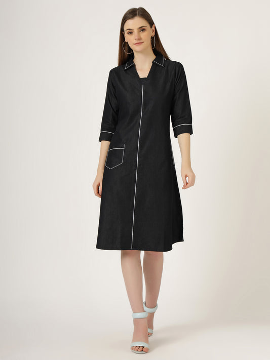 Women's 3/4 Sleeve Black Denim A-Line Dress with Contrast Stitching (6101)