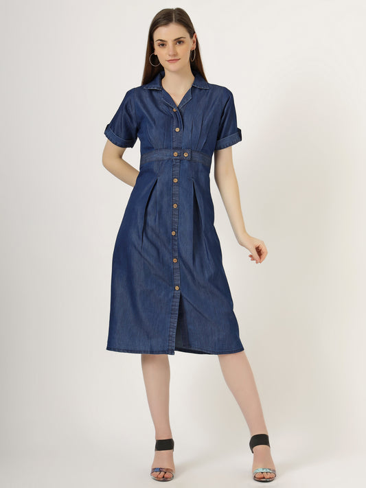 Women's Short-Sleeve Pleated Denim Shirt Dress (6033)