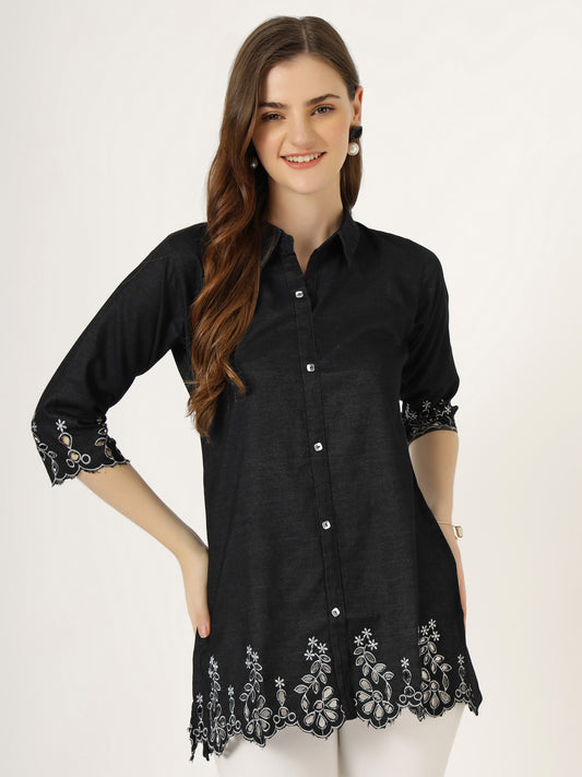 Colour Villa Women's Black Embroidered Denim Tunic Shirt (6045-Z BLACK)