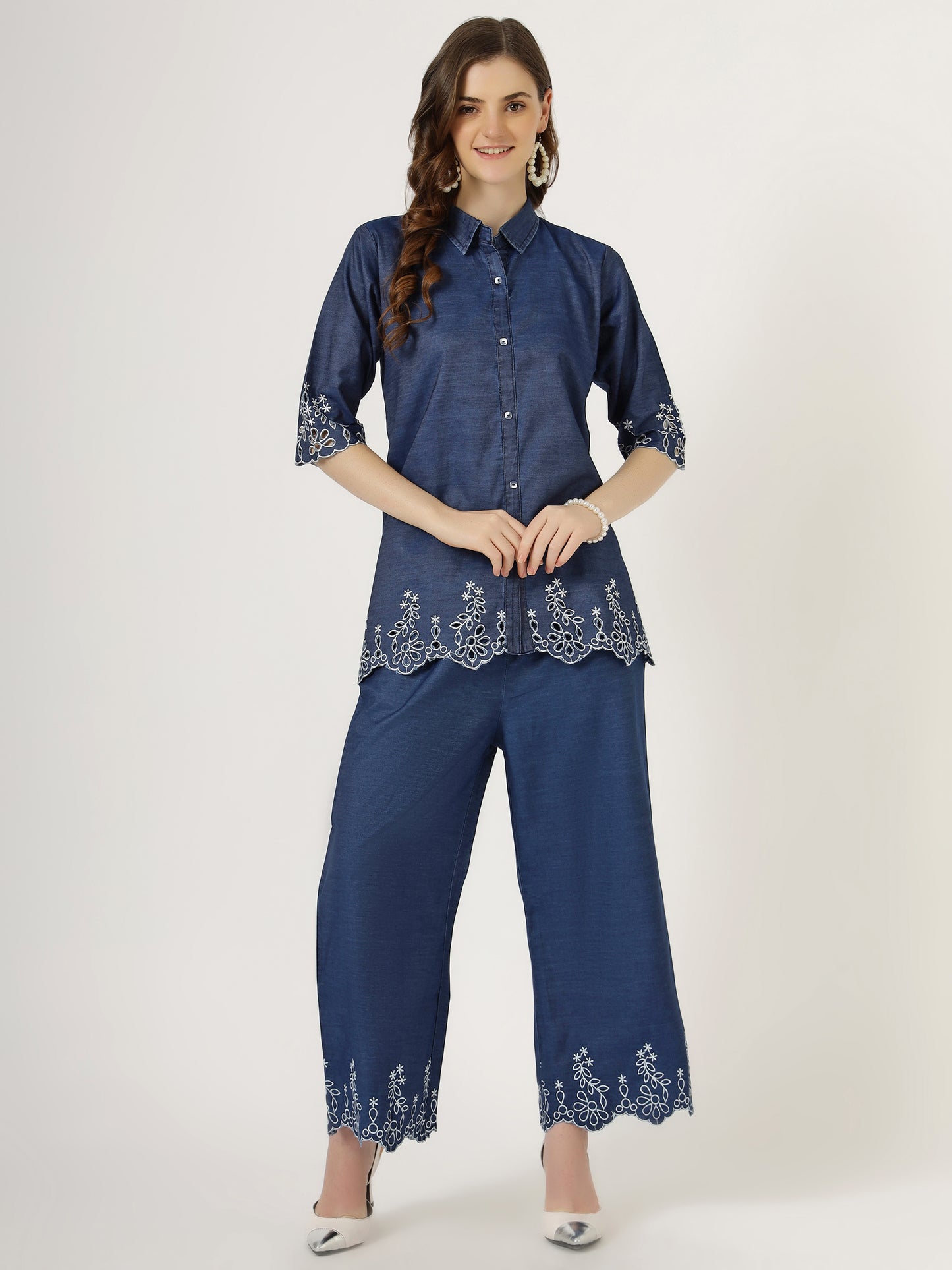 Women's Embroidered Denim Co-Ord Set with Shirt and Palazzo (6093)