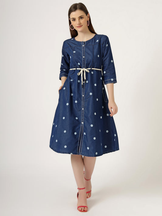 Women's Polka Dot Denim A-Line Dress with Waist Tie (6094)