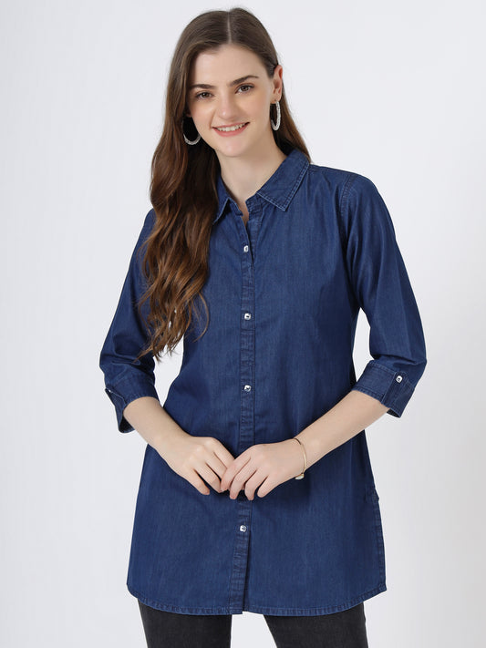 Women's Classic Denim Shirt with Roll-Up Sleeves (6076)