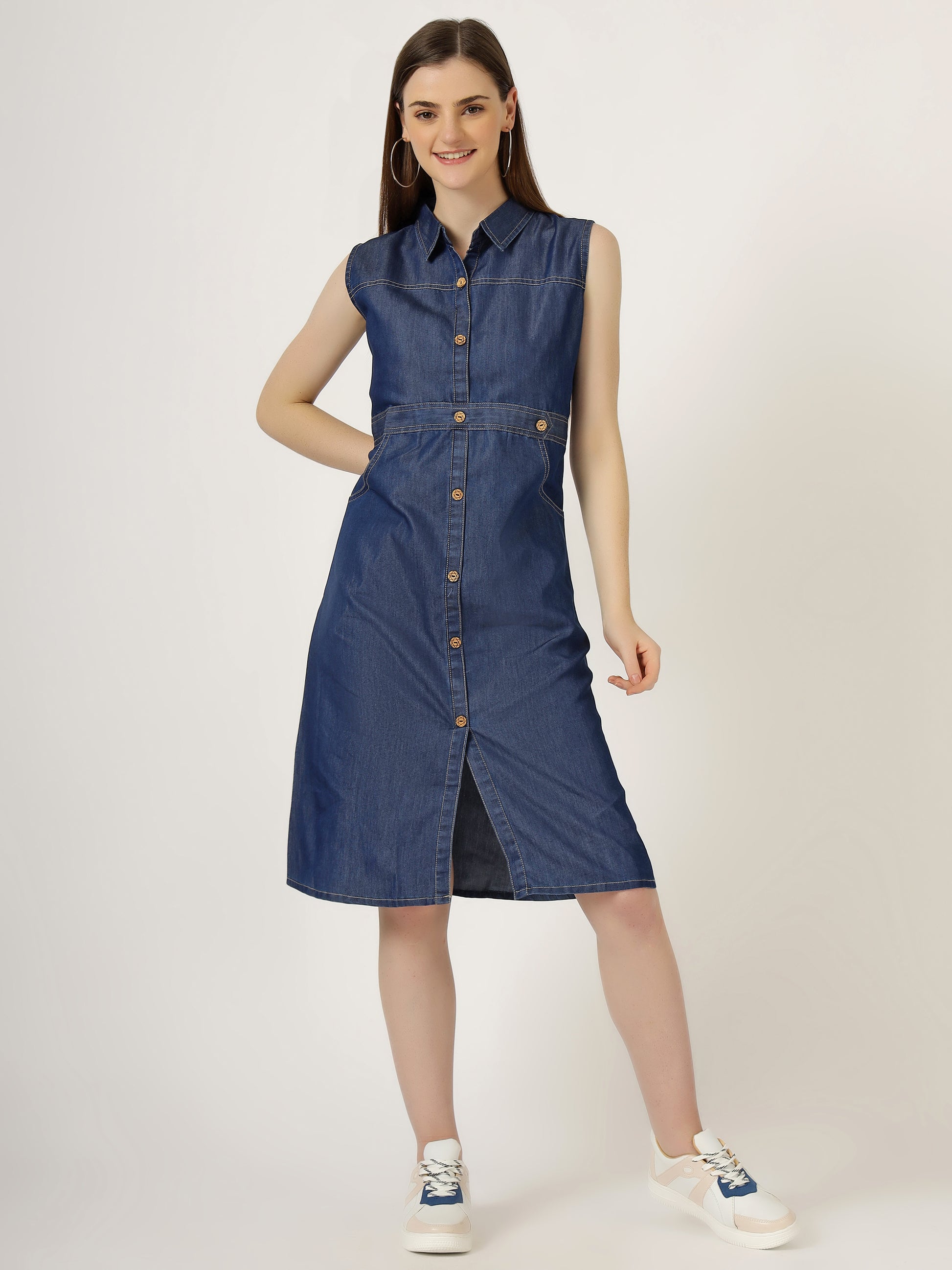Women's Sleeveless Denim Button-Down A-Line Dress (6031) Colourvilla Women's Sleeveless Denim Button-Down A-Line Dress (6031) Colourvilla