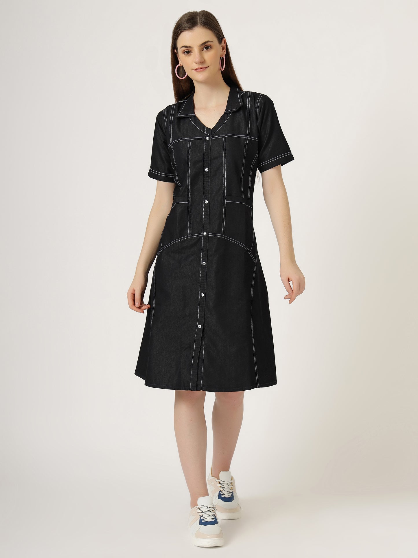 Women's Short Sleeve Button-Down Black Denim Dress (6098-Z Black)