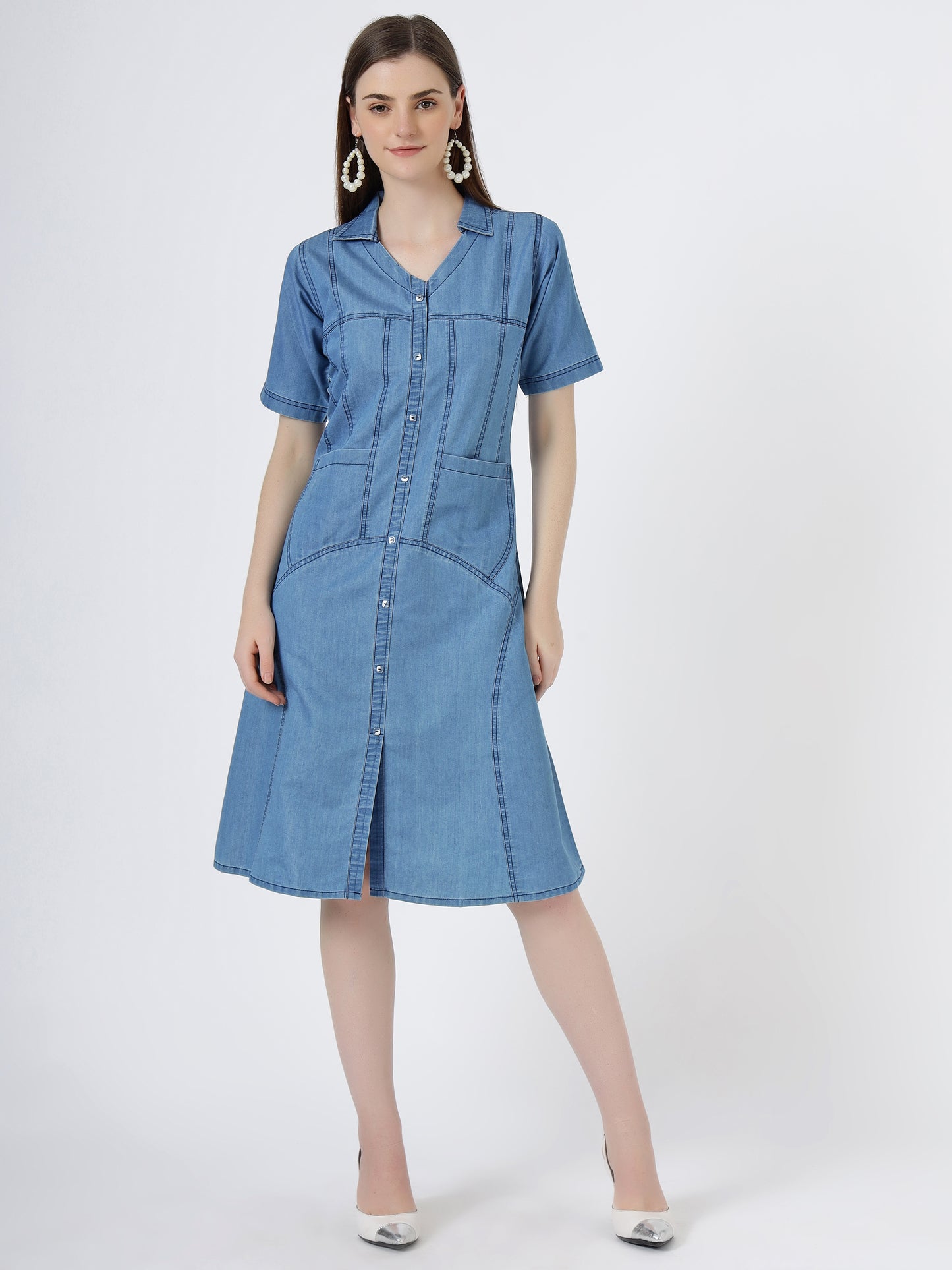 Women's Short Sleeve Button-Down Light Blue Denim Dress (6098-ICE)