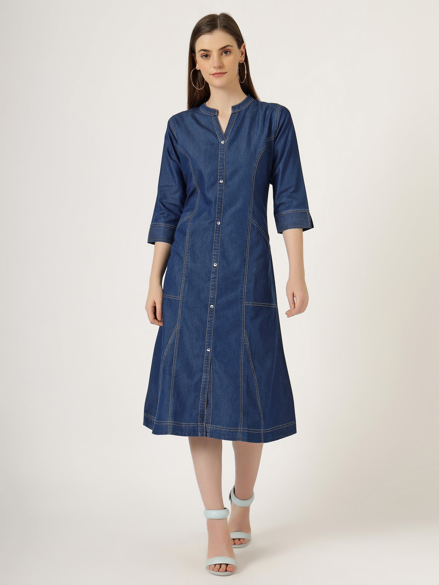 Women's 3/4 Sleeve A-Line Denim Button-Down Dress (6057)