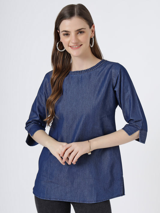 Women's 3/4 Sleeve Denim Top with Round Neck (6092)