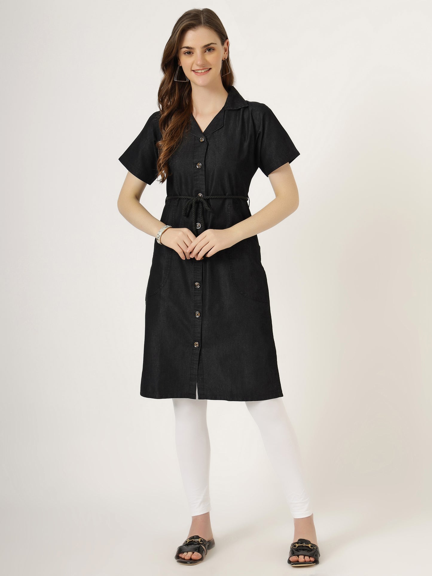 Women's Black Button-Down Denim Dress with Waist Tie (6081)