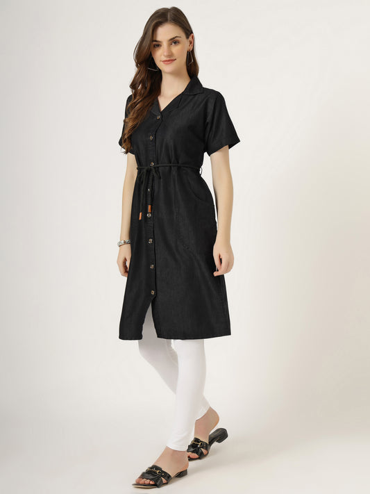 Women's Black Button-Down Denim Dress with Waist Tie (6081)