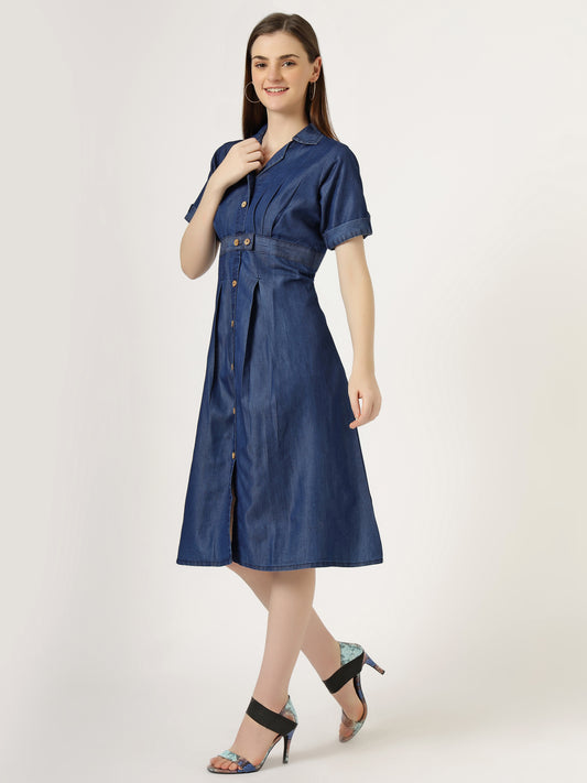 Women's Short-Sleeve Pleated Denim Shirt Dress (6033)