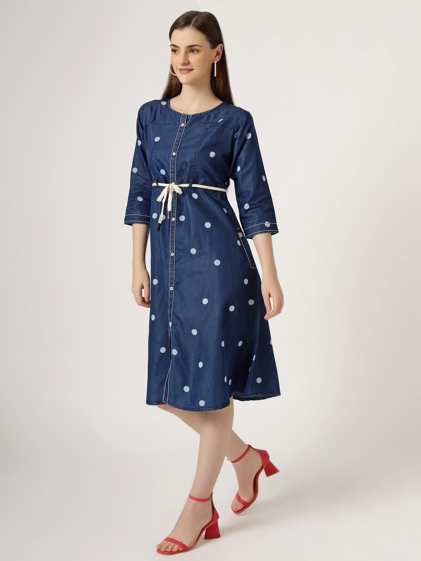 Women's Polka Dot Denim A-Line Dress with Waist Tie (6094)