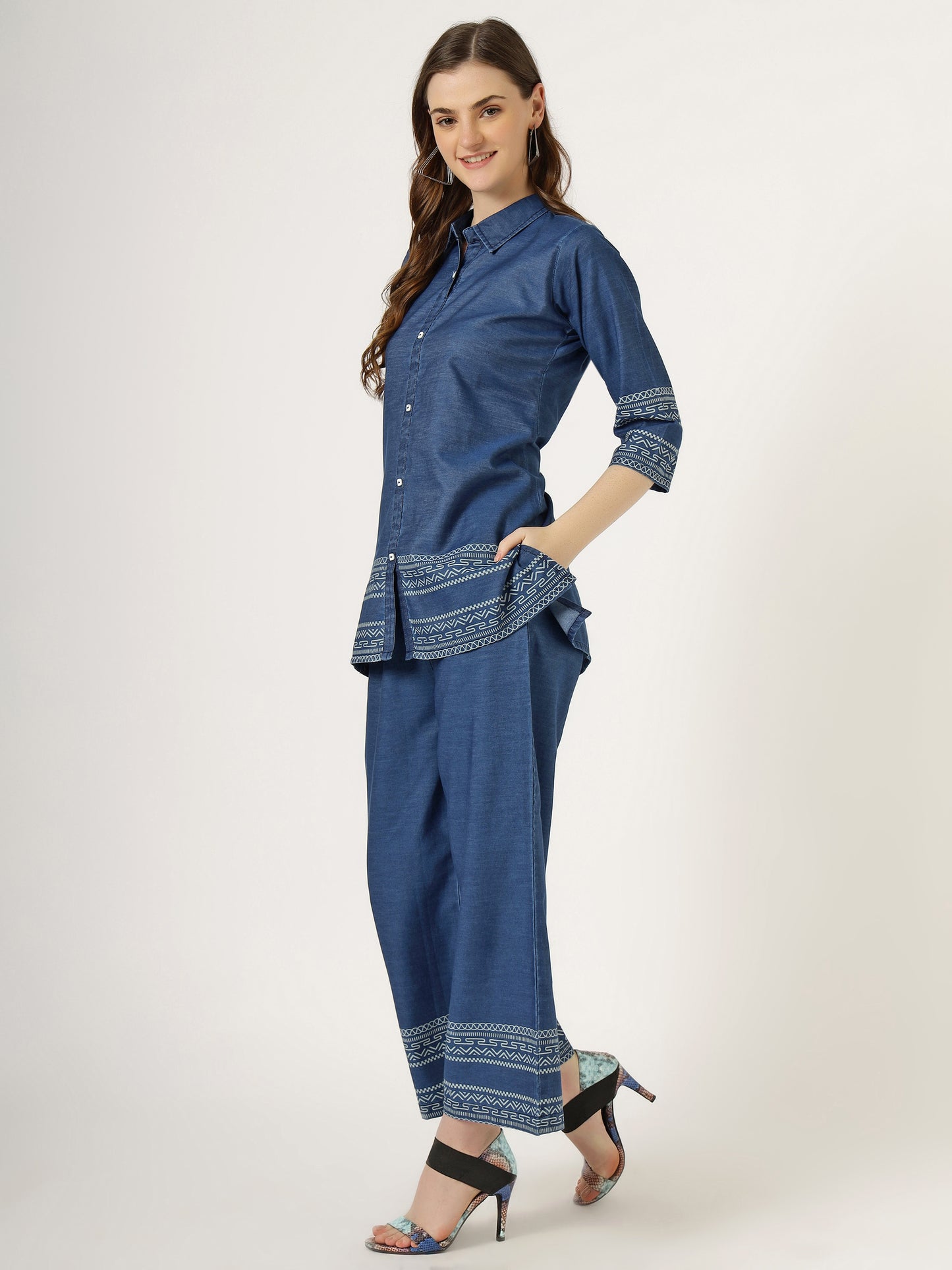 Women's Embroidered Denim Co-Ord Set with Tribal Print and Palazzo Pants (6107)