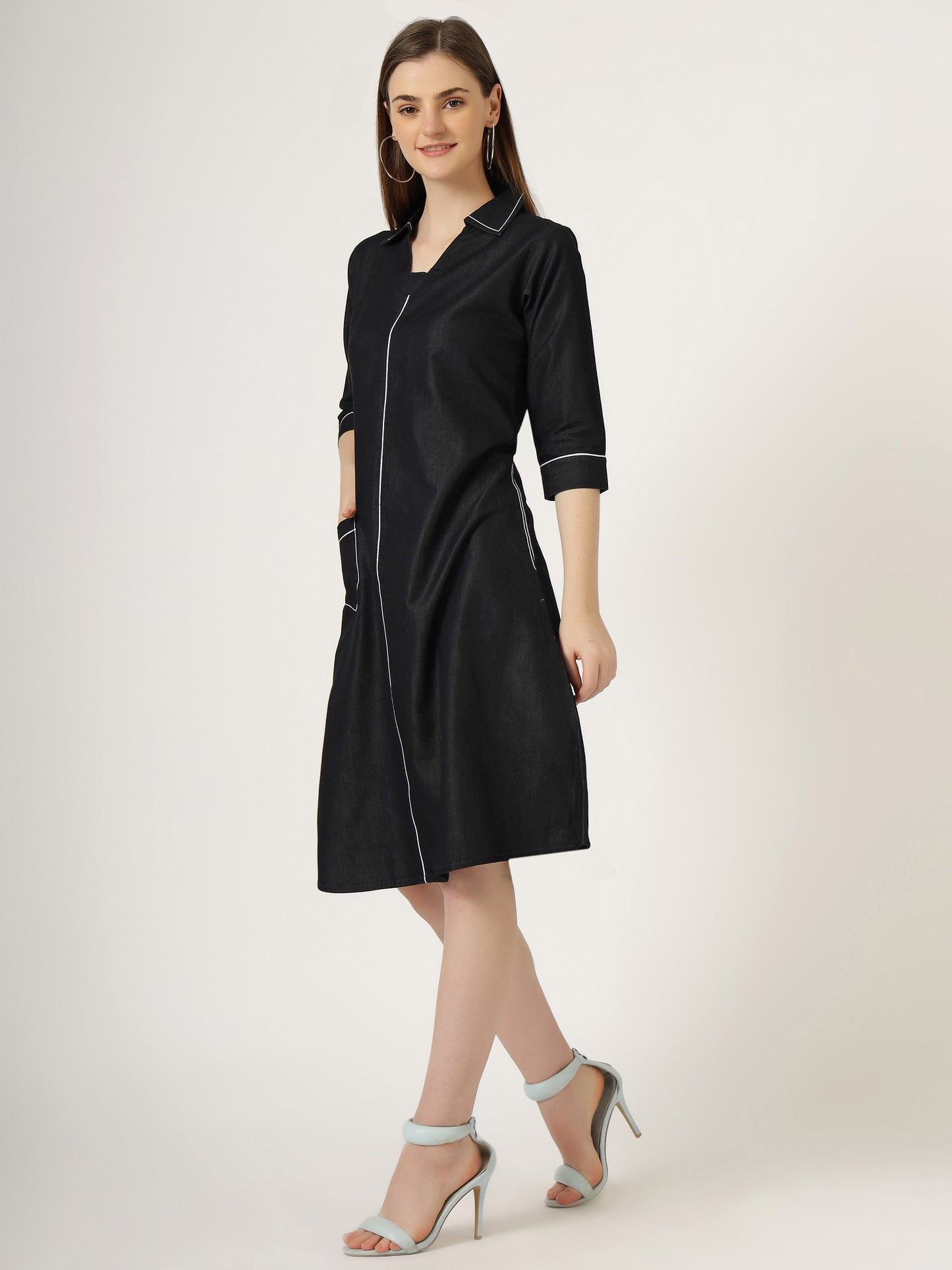 Women's 3/4 Sleeve Black Denim A-Line Dress with Contrast Stitching (6101)