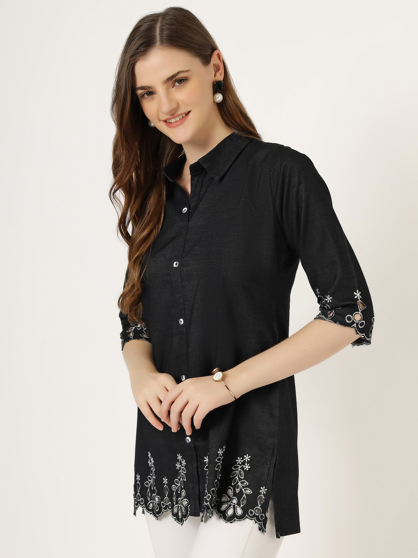 Colour Villa Women's Black Embroidered Denim Tunic Shirt (6045-Z BLACK)