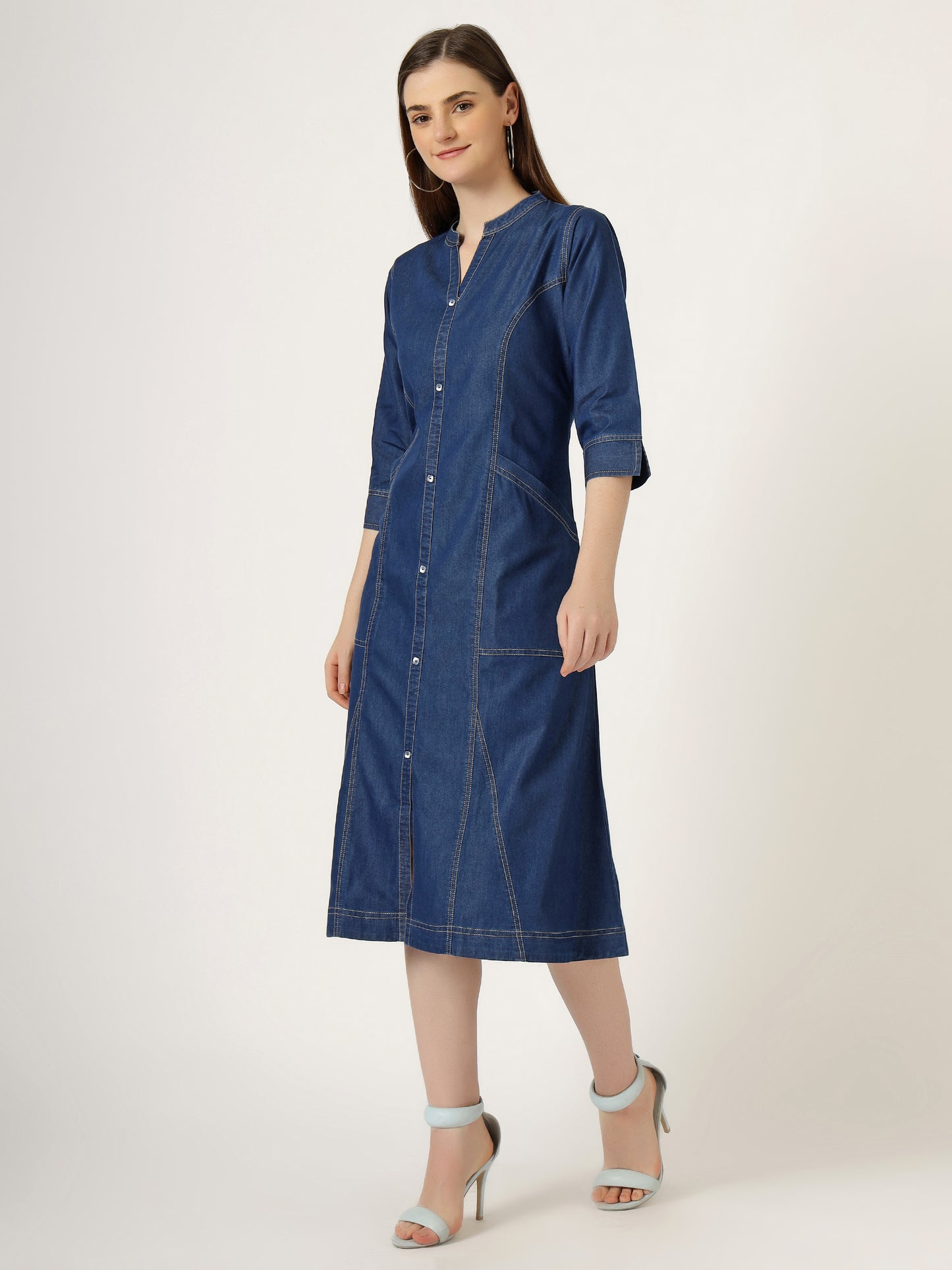 Women's 3/4 Sleeve A-Line Denim Button-Down Dress (6057)