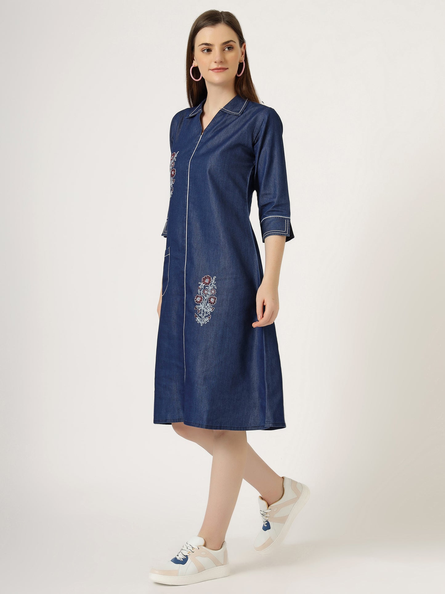 Women's Embroidered Denim A-Line Dress with 3/4 Sleeves (6097)