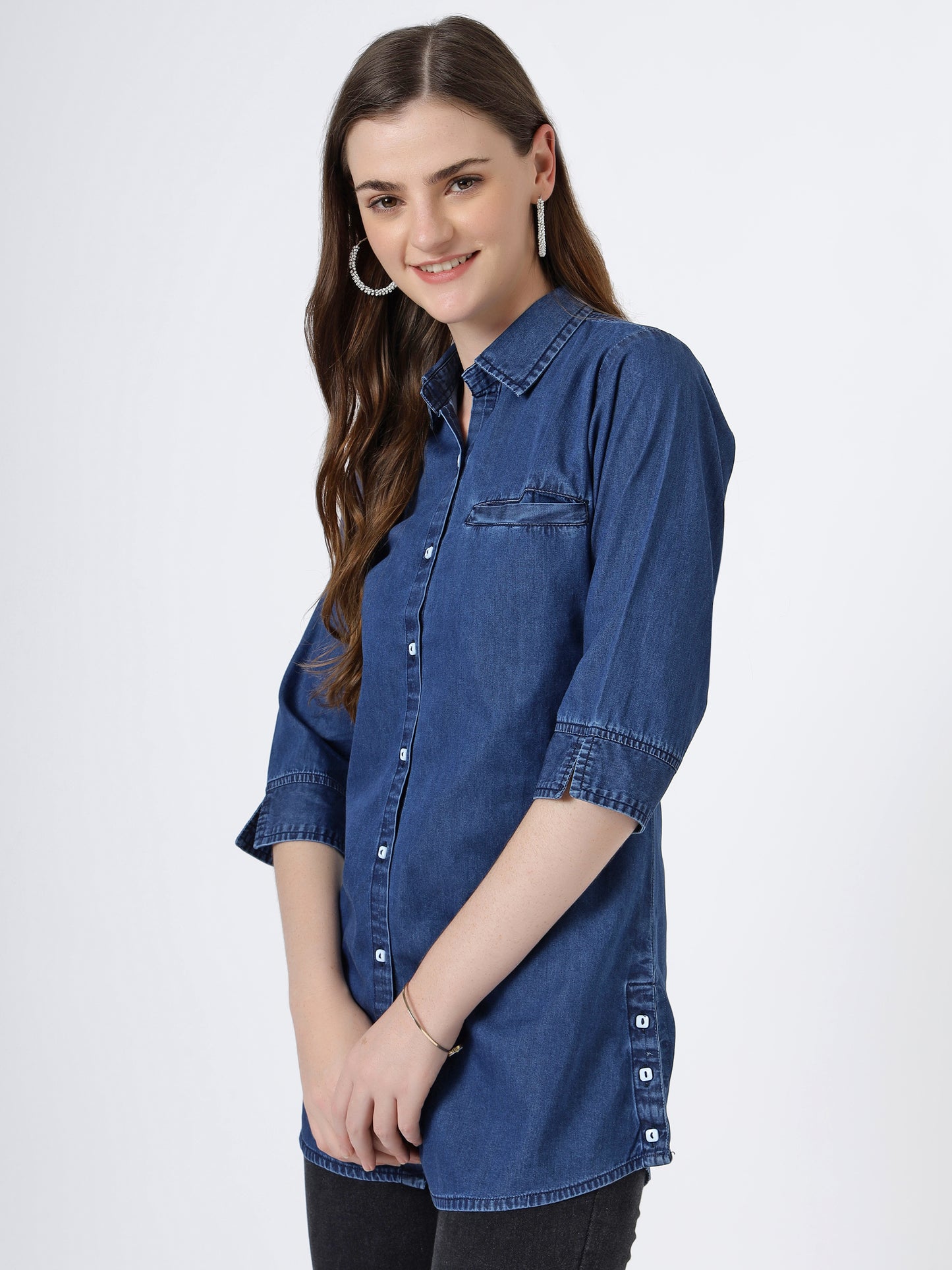 Women's Classic Button-Down Denim Shirt with 3/4 Sleeves (6099)