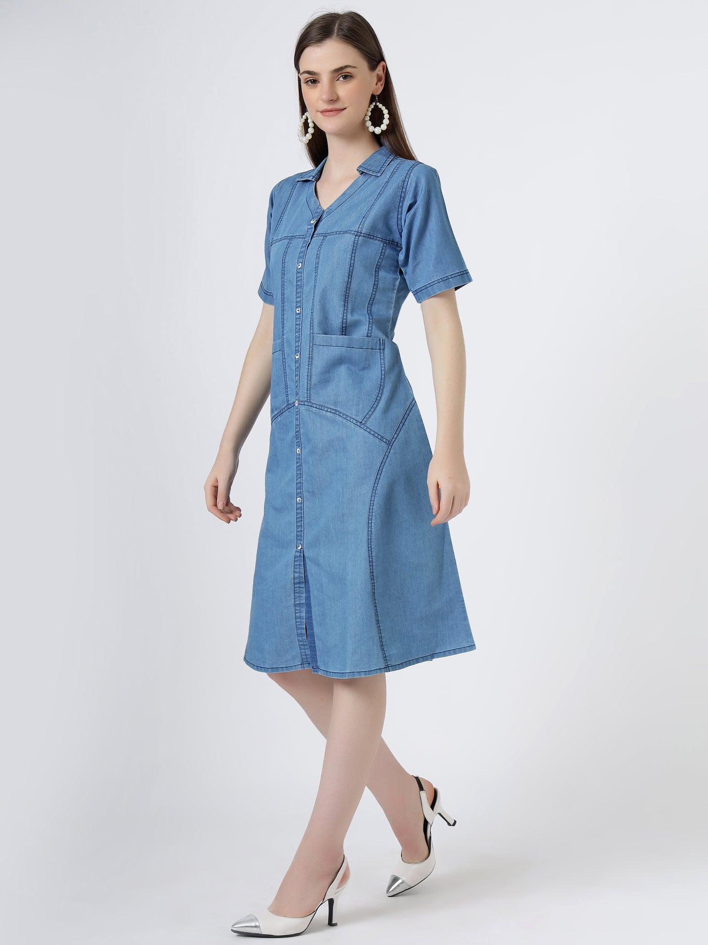 Women's Short Sleeve Button-Down Light Blue Denim Dress (6098-ICE)