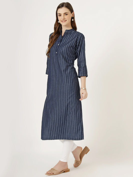 Women's Striped Denim Kurti with Mandarin Collar (6065)