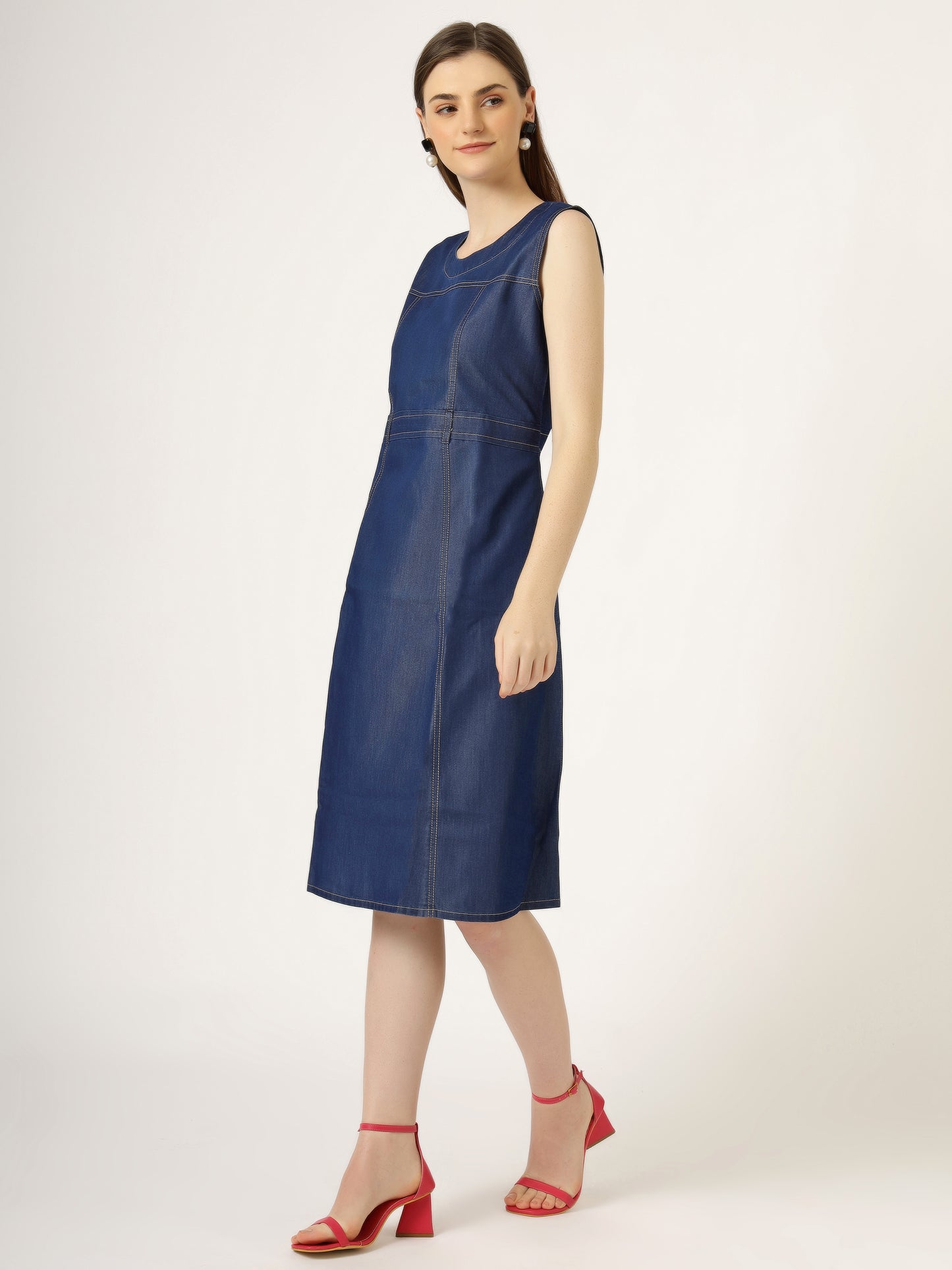 Women's Sleeveless Denim A-Line Dress with Round Neck (6090)