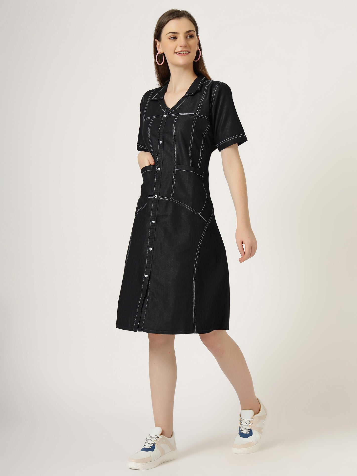 Women's Short Sleeve Button-Down Black Denim Dress (6098-Z Black)