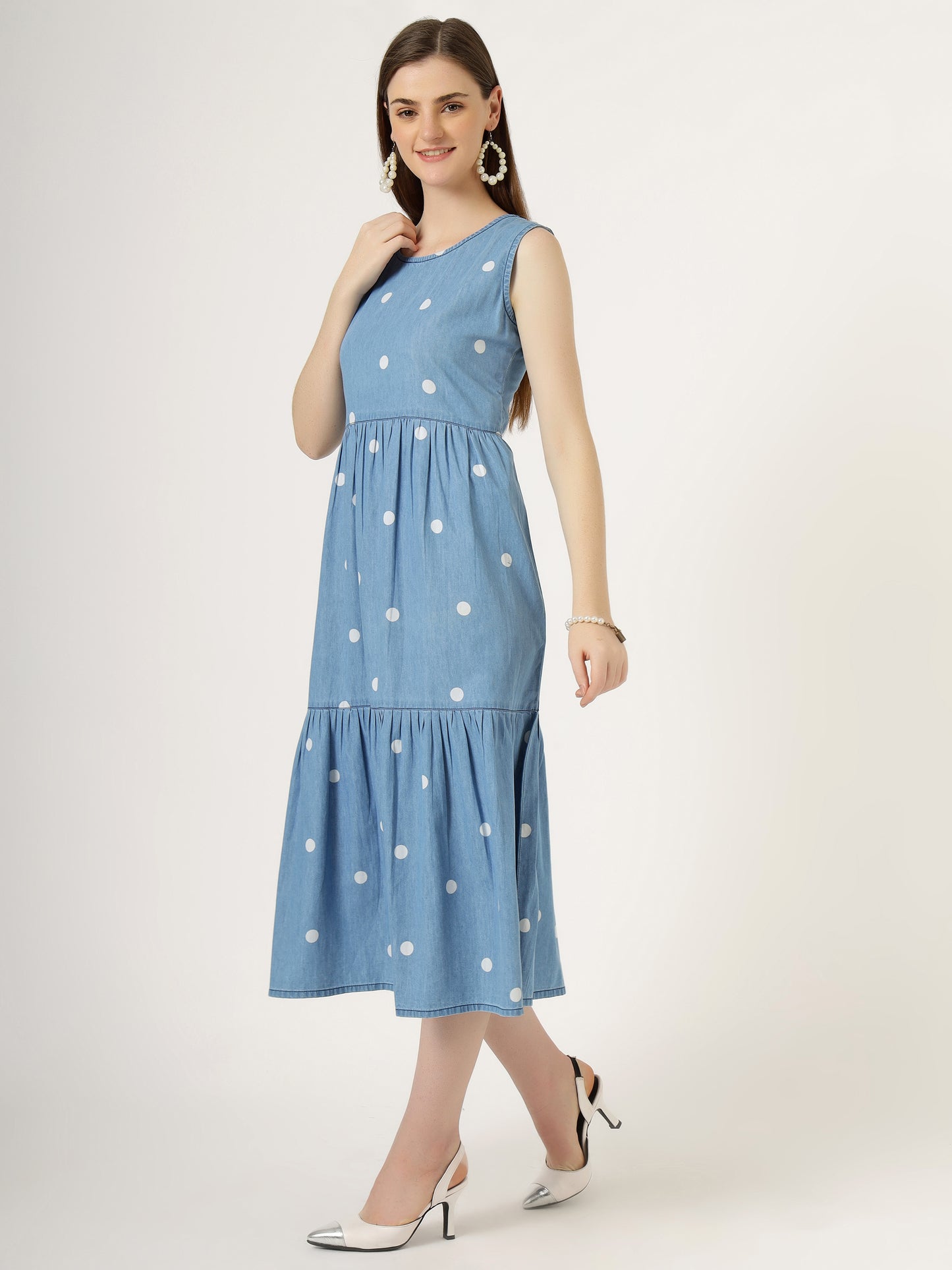 Women's Sleeveless Polka Dot Tiered Denim Midi Dress (6102)