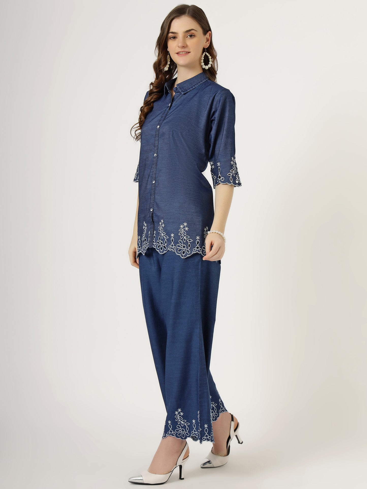 Women's Embroidered Denim Co-Ord Set with Shirt and Palazzo (6093)