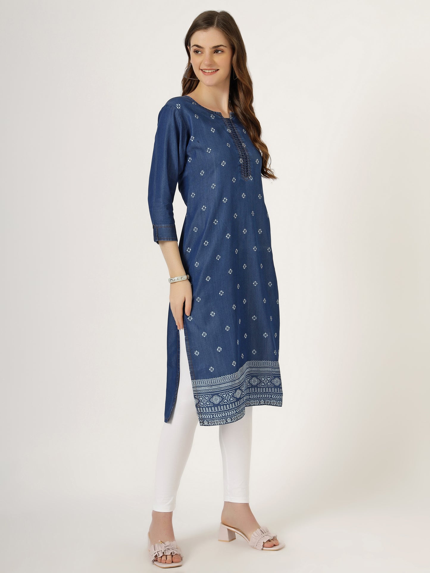 Women's Embroidered Denim Straight Kurti (6049)