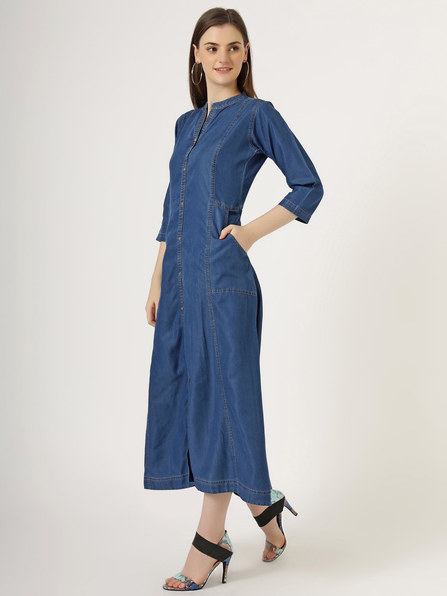 Women's 3/4 Sleeve Denim Maxi Shirt Dress (6001)