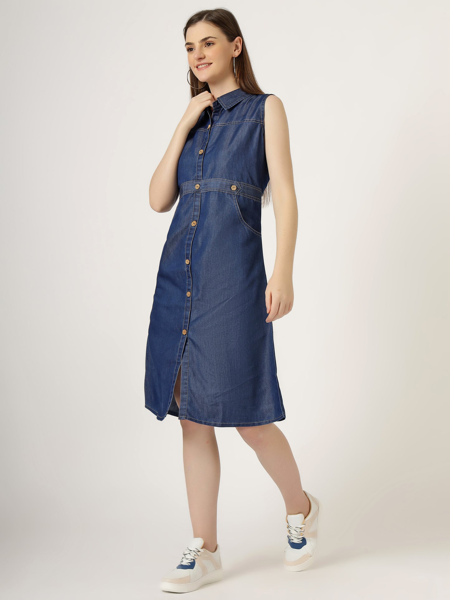 Women's Sleeveless Denim Button-Down A-Line Dress (6031)