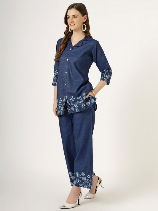 Women's Embroidered Denim Co-Ord Set with Shirt and Palazzo Pants (6106)