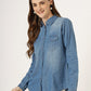 Women's Light Wash Denim Button-Down Shirt with Long Sleeves (6105)