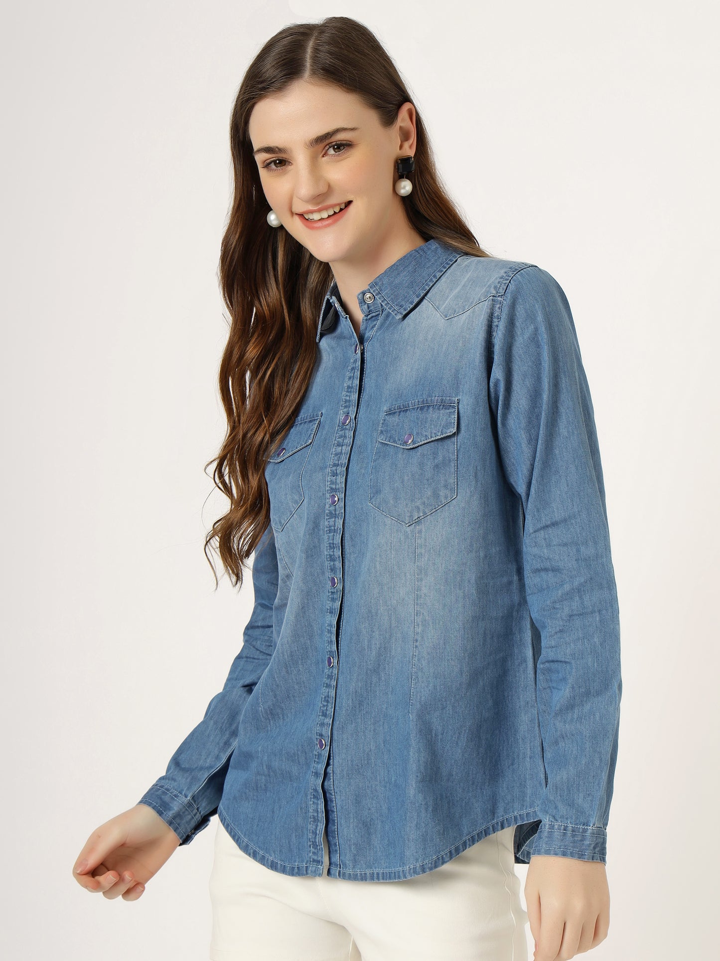 Women's Light Wash Denim Button-Down Shirt with Long Sleeves (6105)