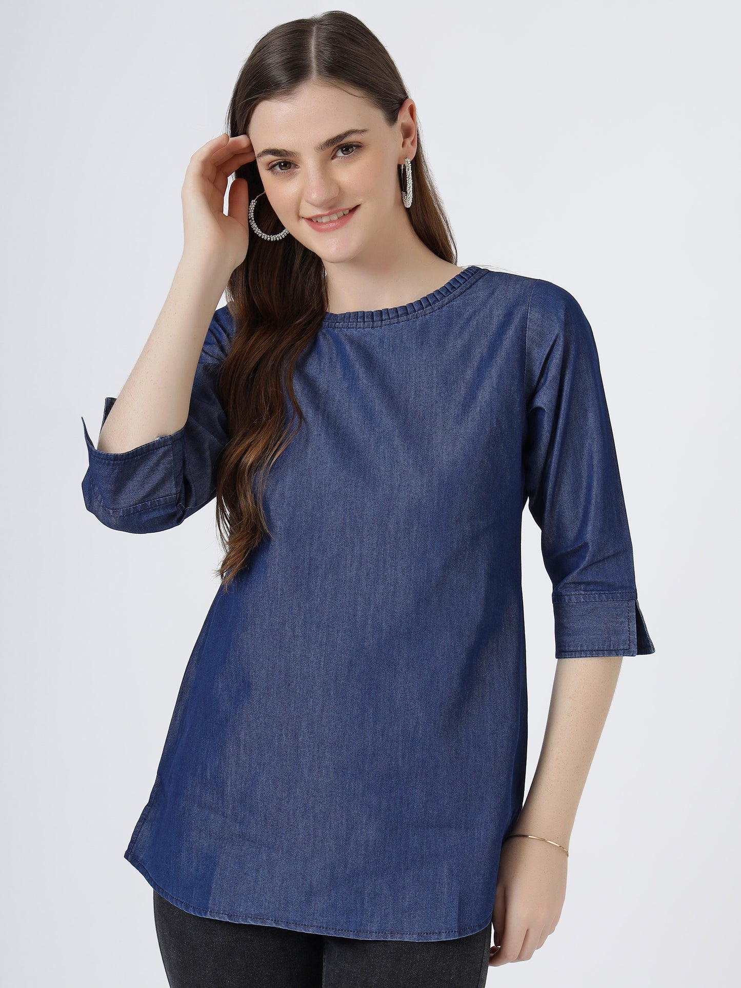 Women's 3/4 Sleeve Denim Top with Round Neck (6092)