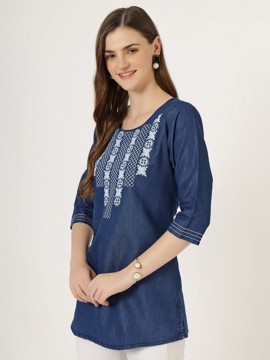 Women's Embroidered Denim Tunic Top with 3/4 Sleeves (6103)