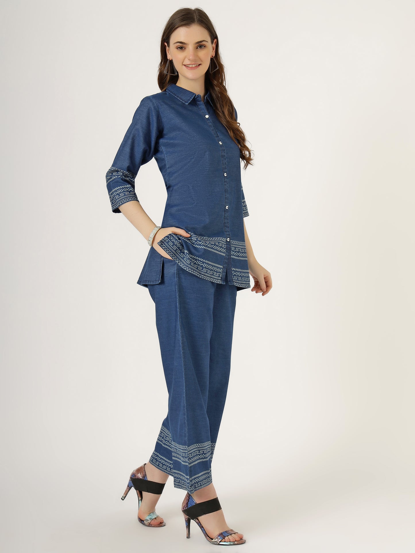 Women's Embroidered Denim Co-Ord Set with Tribal Print and Palazzo Pants (6107)