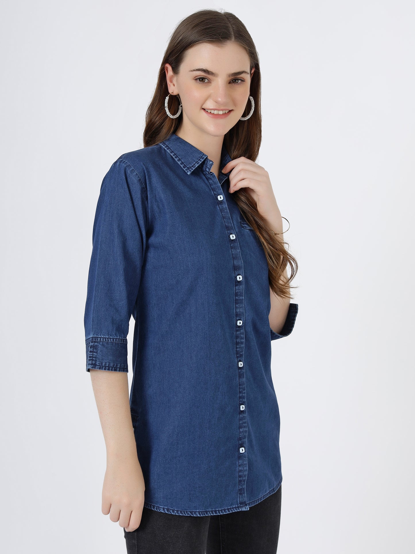 Women's Classic Button-Down Denim Shirt with 3/4 Sleeves (6099)