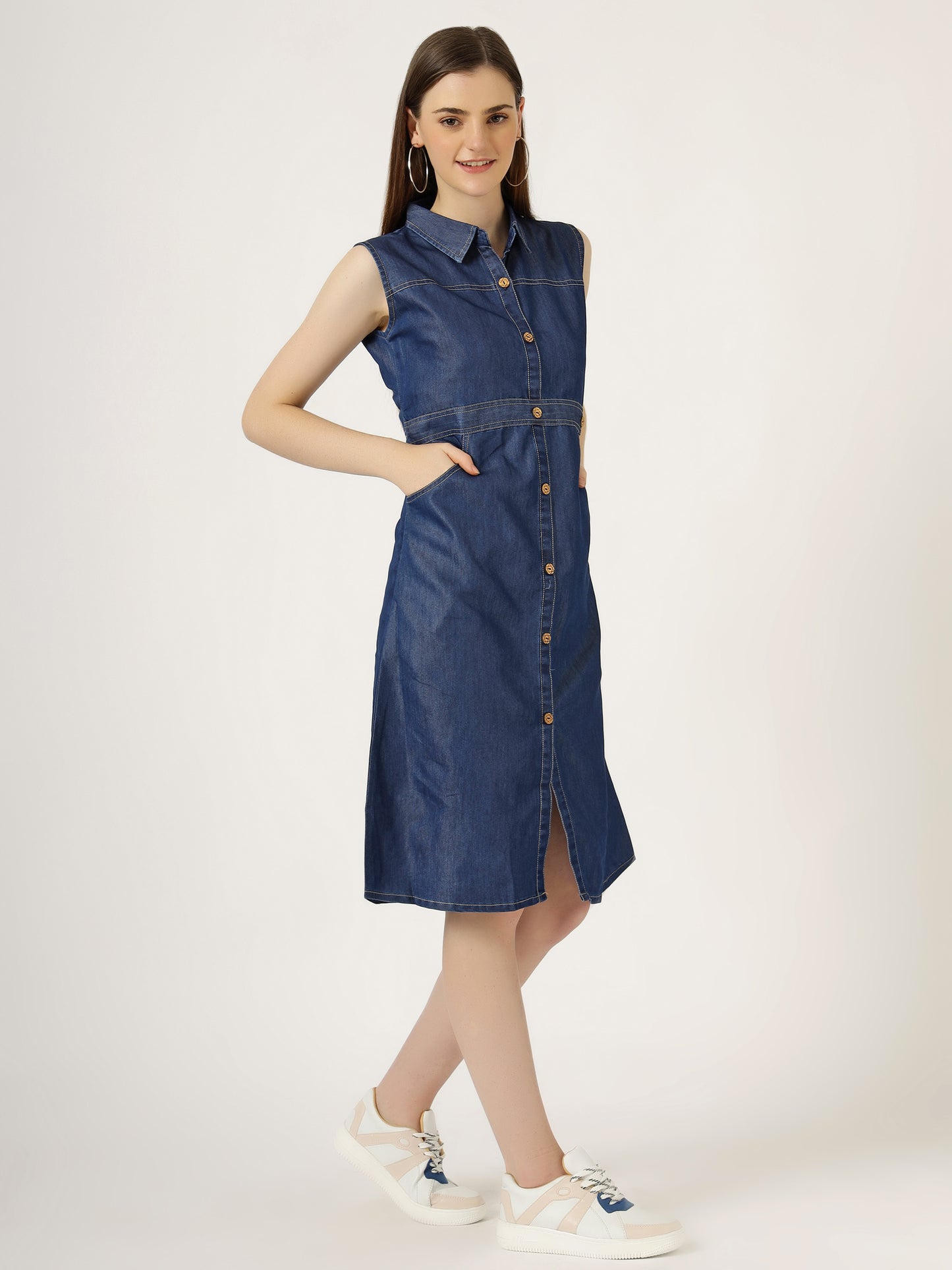 Women's Sleeveless Denim Button-Down A-Line Dress (6031)