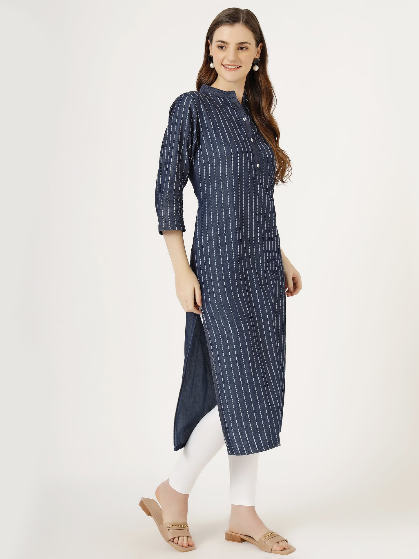 Women's Striped Denim Kurti with Mandarin Collar (6065)