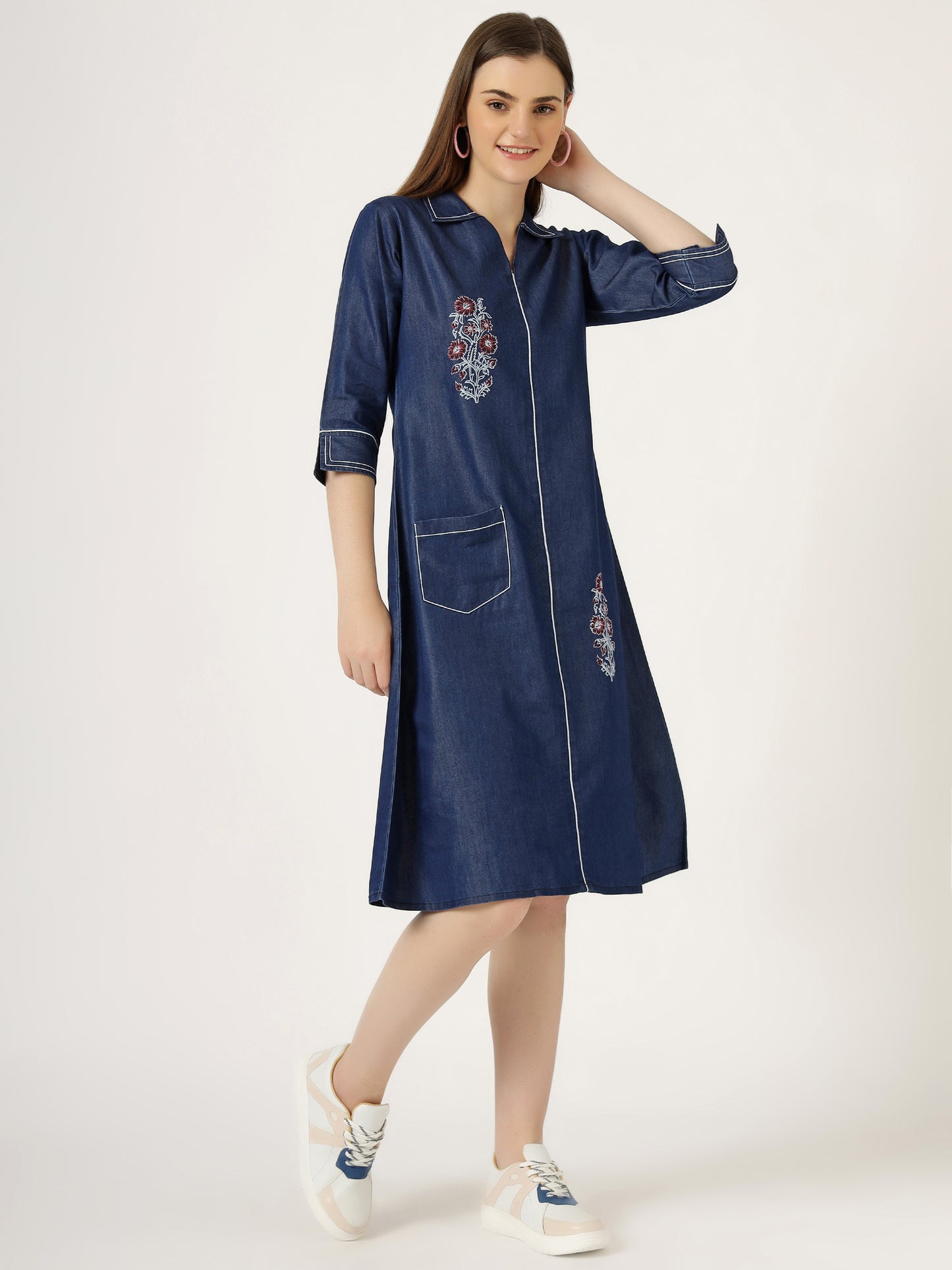 Women's Embroidered Denim A-Line Dress with 3/4 Sleeves (6097)